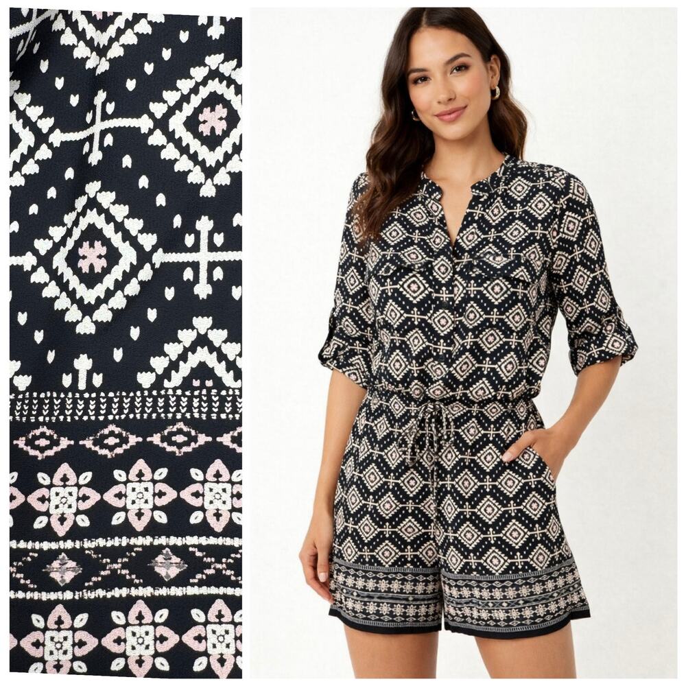 AQUA Boho Aztec Geometric Romper Roll-Tab Sleeve Drawstring Waist XS NWT